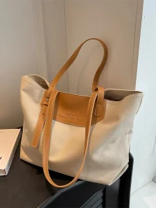 Canvas-Style Tote with Tan Handles — Ivory
