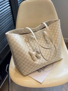 Monogram Print Tote with Charm — Beige