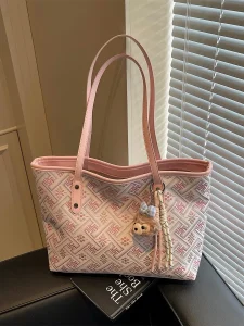 Monogram Print Tote with Tassel Charm — Pink