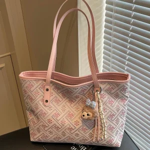 Monogram Print Tote with Tassel Charm — Pink