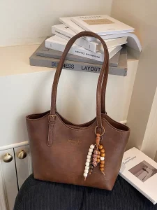 Oil-Wax Vintage Bucket Tote with Beaded Charm — Brown