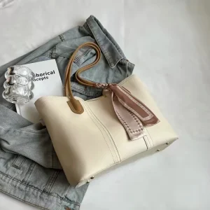 Pebbled Leather Scarf Tote — Cream