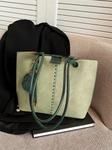 Retro Suede-Touch Studded Tote — Sage