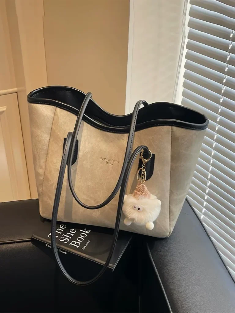 Soft Slouchy Tote with Bear Charm — Apricot