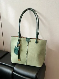 Suede-Touch Studded Tote with Charm — Sage
