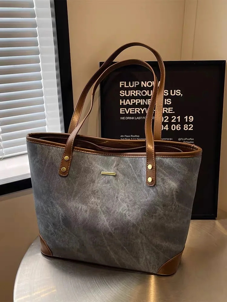 Two-Tone Vintage Tote with Top Handles — Grey