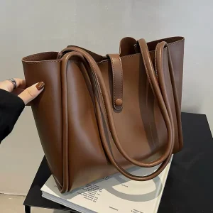 Vintage Soft Leather Bucket Tote — Coffee