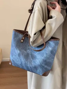 Washed Denim-Look Tote with Leather Trim — Blue
