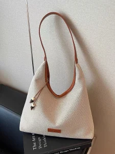 Woven-Texture Hobo Tote with Leather Strap — Beige