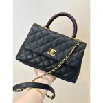 Black Quilted Flap Bag with Burgundy Handle