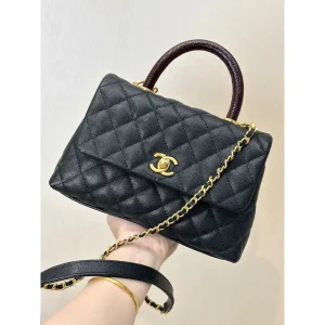 Black Quilted Flap Bag with Burgundy Handle