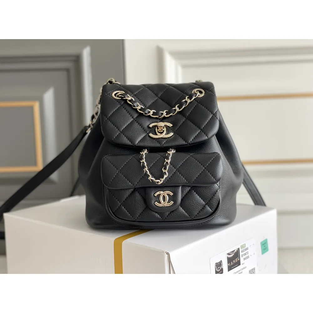 Black Quilted Twin-Pocket Backpack