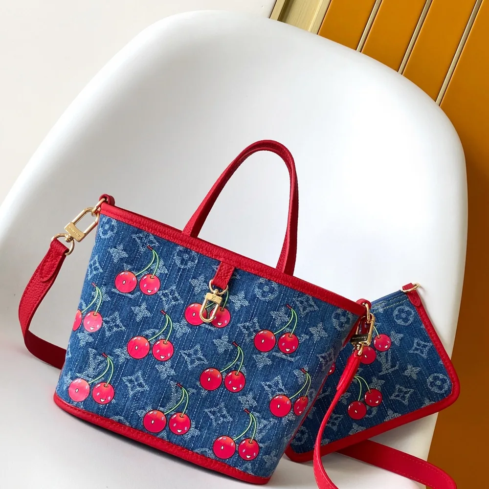 Blue Cherry-Print Handbag with Pouch