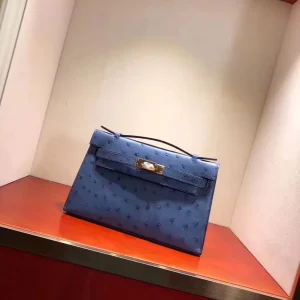 Blue Ostrich-Embossed Top-Handle Bag