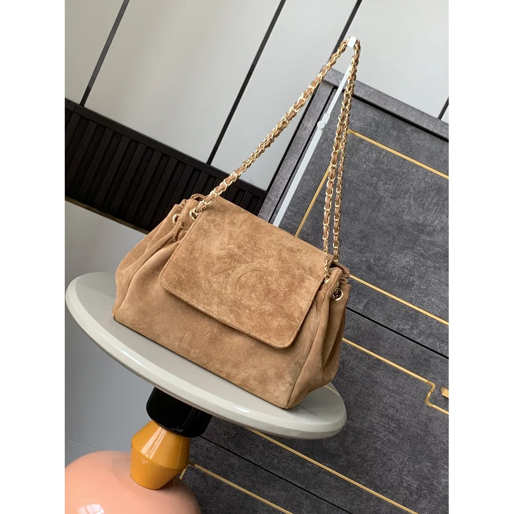 Camel Quilted Chain Flap Bag