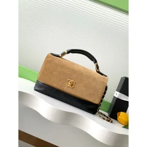 Camel and Black Two-Tone Top-Handle Flap Bag