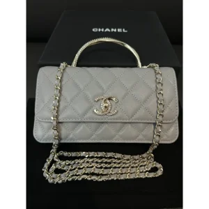 Grey Quilted Top-Handle Chain Bag
