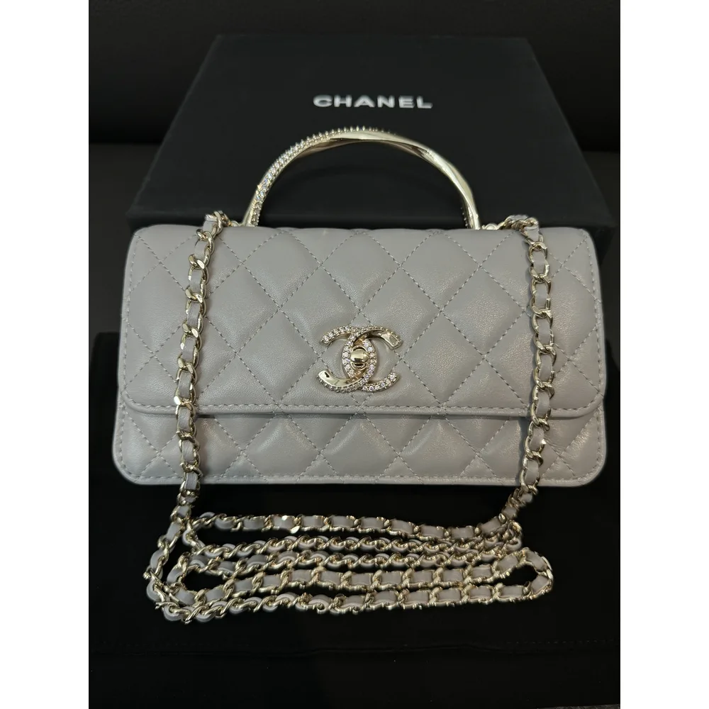 Grey Quilted Top-Handle Chain Bag