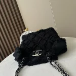 Tweed-Fringe-Chain-Hobo-Black